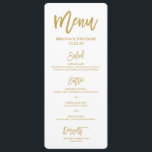 Menu Cardápio de Casamento Dourado com Letras à Mão Chi<br><div class="desc">Cardápio de casamento dourado elegante com fontes de letra modernas e escrito "Coma,  Beba e Case" no verso.</div>
