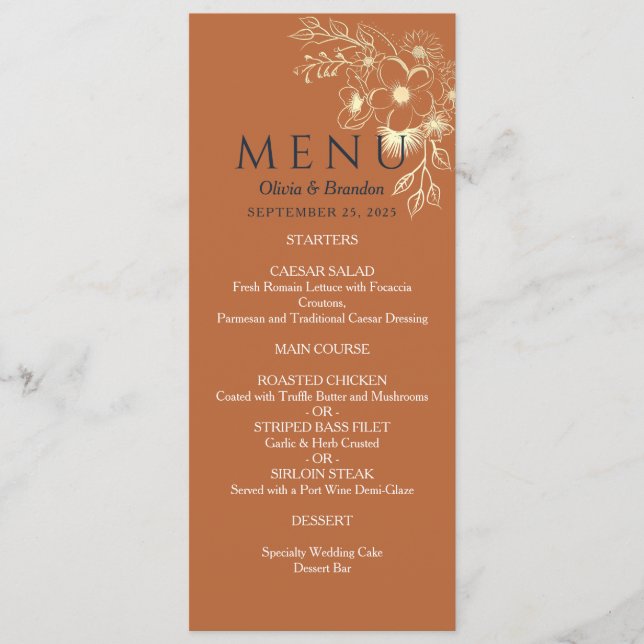 Menu Cardápio de casamento dourado floral dourado (Frente)