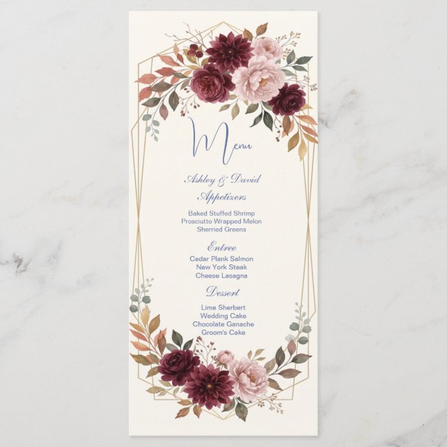 Menu Cardápio de Casamento Dourado Floral Moderno (Frente)