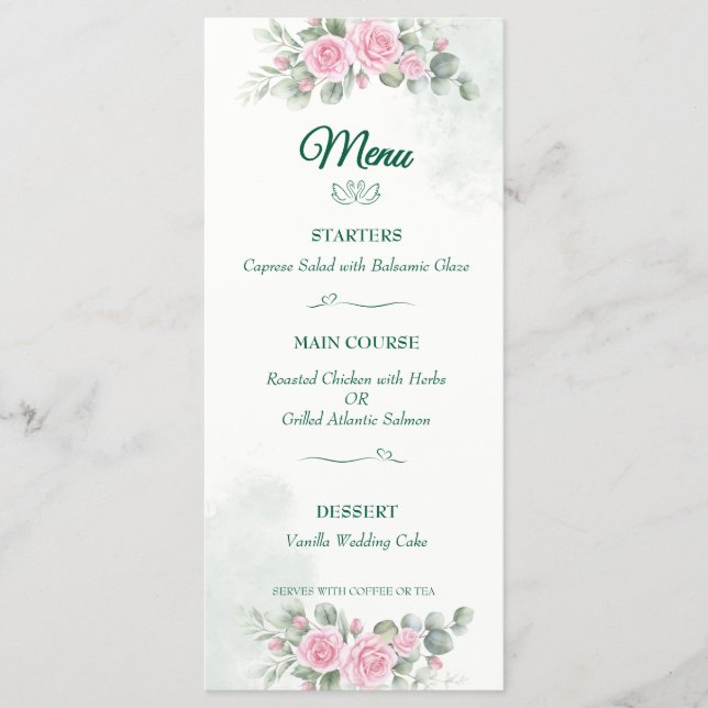 Menu Cardápio de Casamento Elegant Swan & Blush Rose -  (Frente)