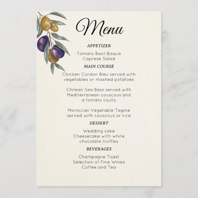 Menu Cardápio de Casamento Elegante Aquarela Oliva (Frente)