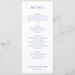 Menu Cardápio de Casamento Elegante Azul Marinho Serifa