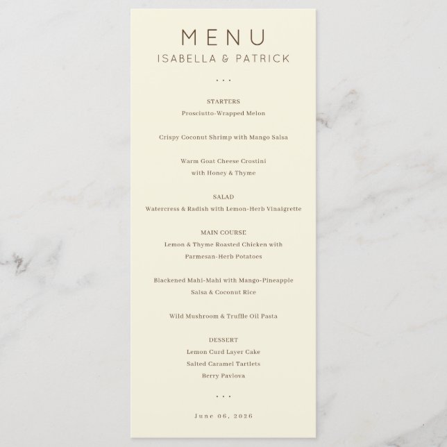 Menu Cardápio de Casamento Elegante Bege Serif (Frente)