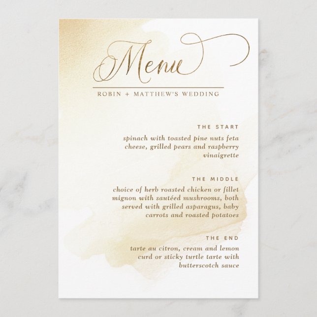 Menu Cardápio de Casamento Elegante com Aquarela Amarel (Frente)