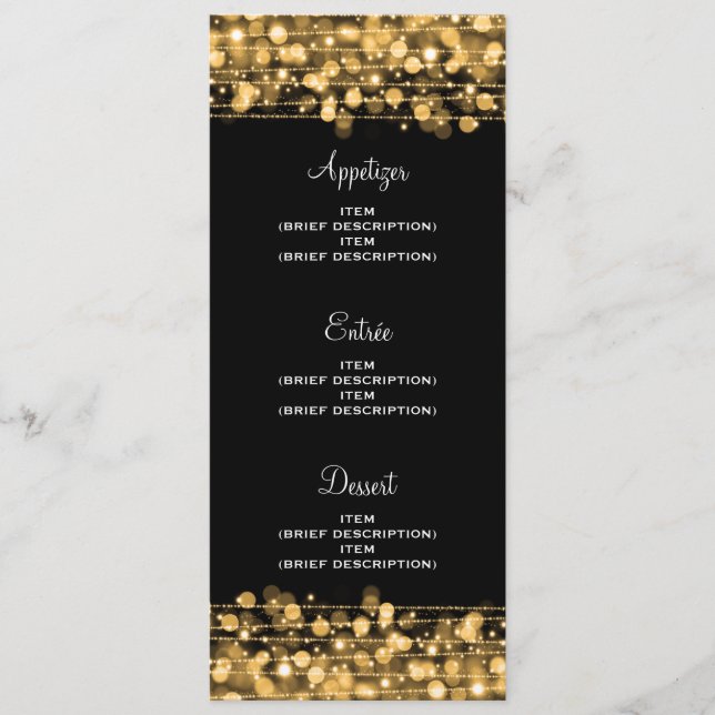 Menu Cardápio de Casamento Elegante com Faíscas Dourada (Frente)