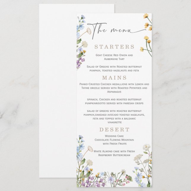 Menu Cardápio de casamento elegante com flores silvestr (Frente/Verso)