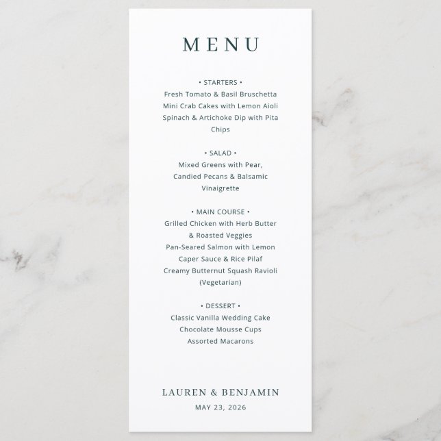 Menu Cardápio de Casamento Elegante com Fonte Serifada  (Frente)