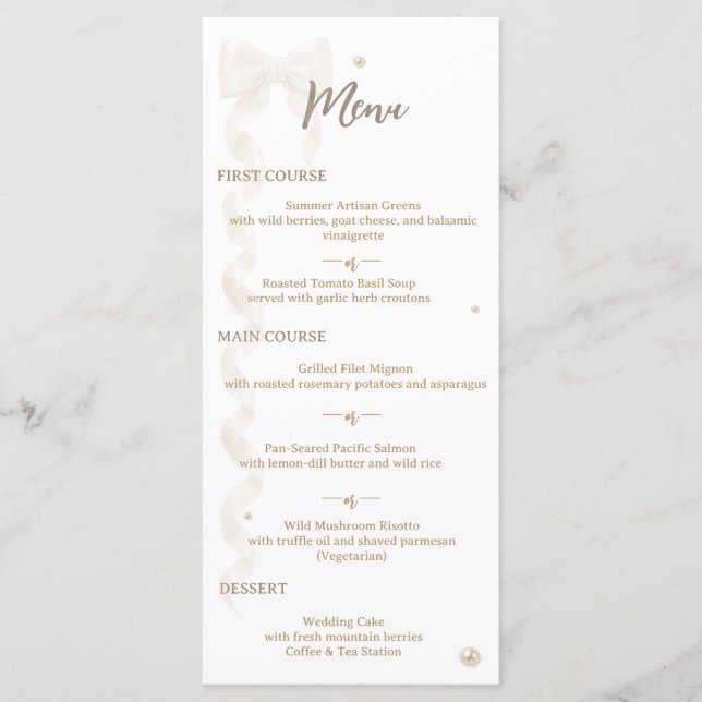Menu Cardápio de casamento elegante com laço de cetim (Frente)