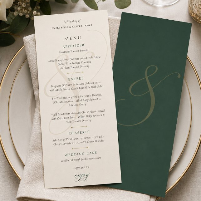 Menu Cardápio de Casamento Elegante com Monograma em Ou (Elegant Emerald Gold Monogram Wedding Menus Card)