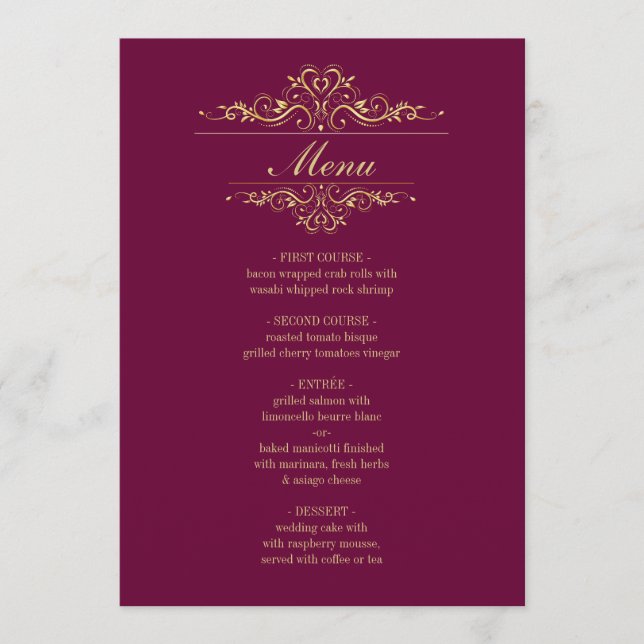 Menu Cardápio de casamento elegante do Burgundy (Frente)