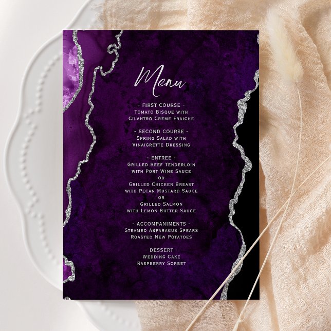 Menu Cardápio de Casamento Elegante em Ágata Prata Roxa (Criador carregado)