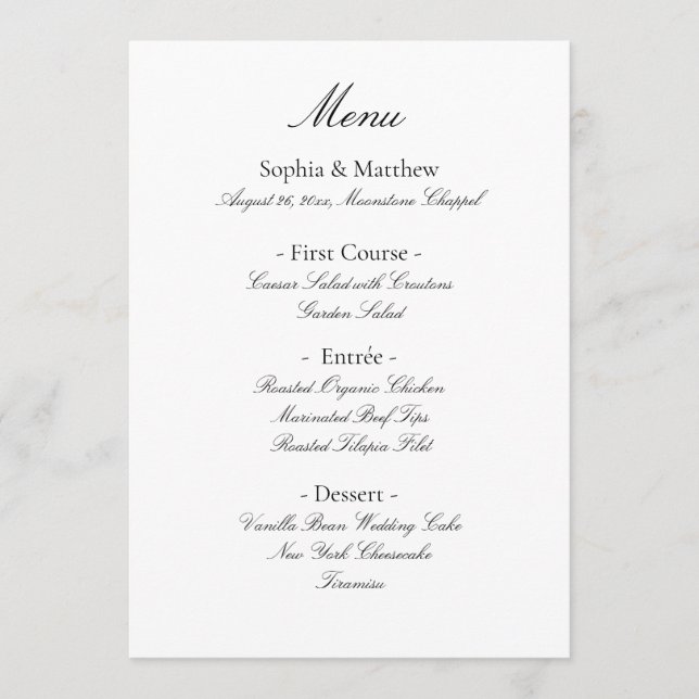 Menu Cardápio de Casamento Elegante Minimalista com Let (Frente)