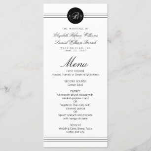 Menu Cardápio de Casamento Elegante Monograma Preto Pon