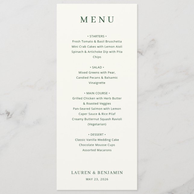 Menu Cardápio de Casamento Elegante Off-White com Serif (Frente)