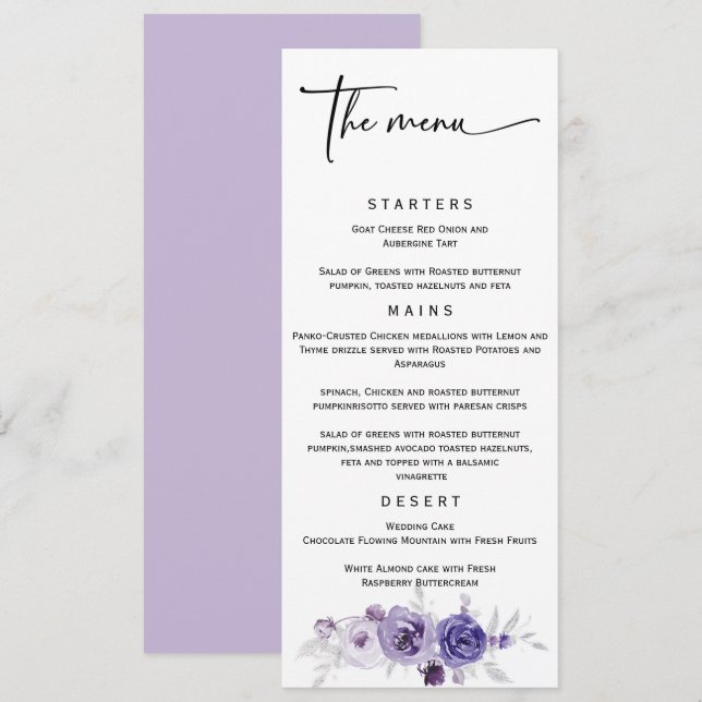 Menu Cardápio de Casamento Elegante Prata e Roxo (Frente/Verso)