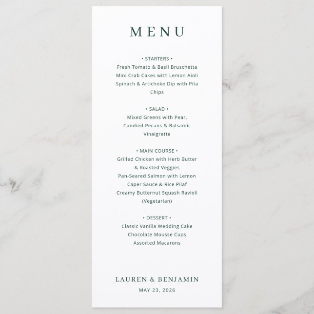 Menu Cardápio de Casamento Elegante Preto e Branco com  (Frente)