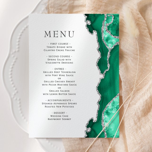Menu Cardápio de Casamento em Ágata Prateada Verde Espu (Criador carregado)
