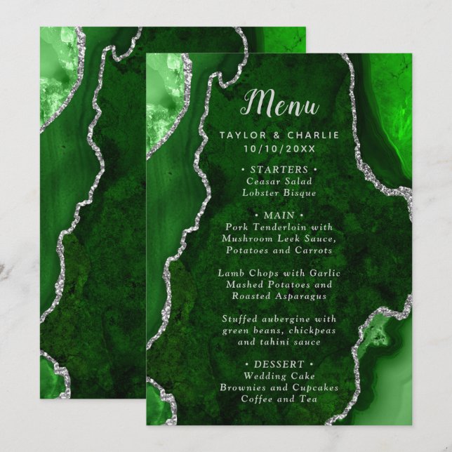 Menu Cardápio de Casamento em Ágata Verde e Prata (Frente/Verso)