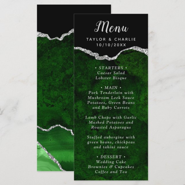 Menu Cardápio de Casamento em Ágata Verde e Prata (Frente/Verso)