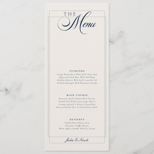 Menu Cardápio de Casamento em Azul Naval Clássico com C (Frente)