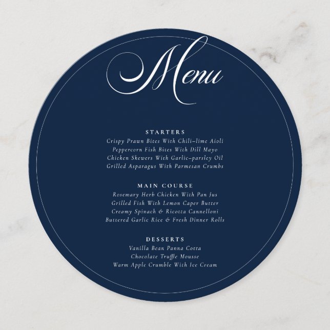 Menu Cardápio de Casamento em Azul Naval Clássico com C (Frente)