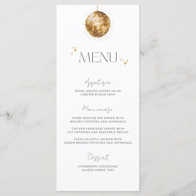 Menu Cardápio de casamento em bola de discoteca em ouro (Frente)