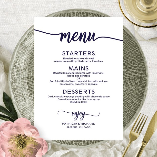 Menu Cardápio de Casamento em Caligrafia Azul Naval Ele (Criador carregado)