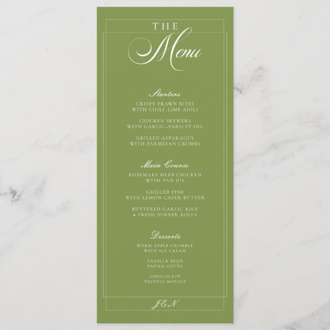 Menu Cardápio de Casamento em Caligrafia Verde Marfim C (Frente)