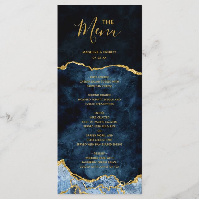 Menu Cardápio de Casamento em Mármore Ágata com Folha D (Frente)