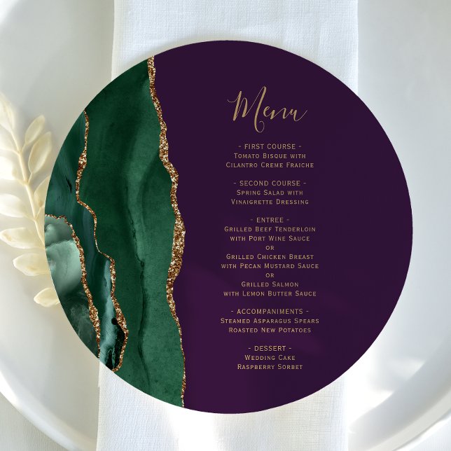 Menu Cardápio de Casamento em Placa Redonda Roxa Dourad (Criador carregado)