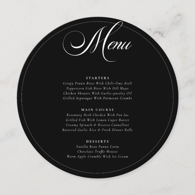 Menu Cardápio de Casamento em Preto Marfim Branco Calig (Frente)