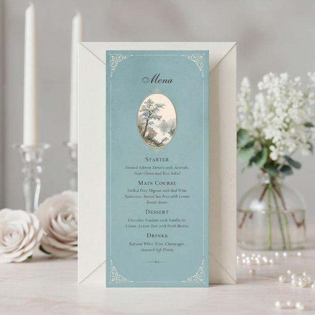Menu Cardápio de Casamento em Veludo Azul Poeira Garça  (Criador carregado)