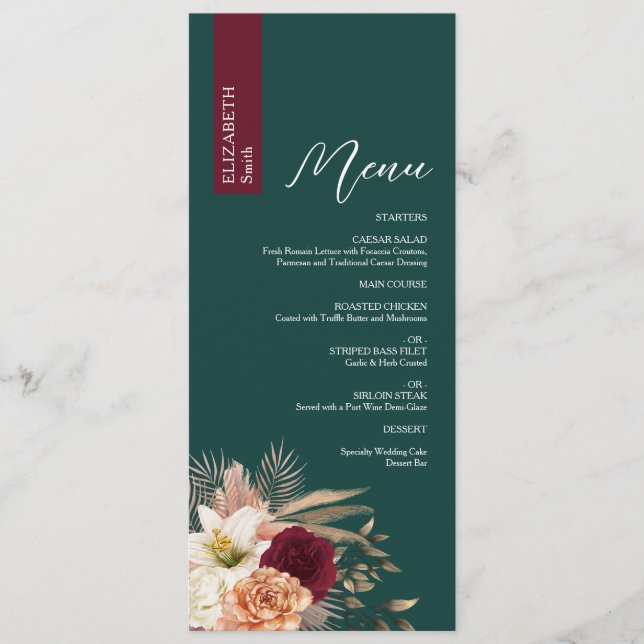 Menu Cardápio de Casamento Esmeralda Borgonha com Nome (Frente)