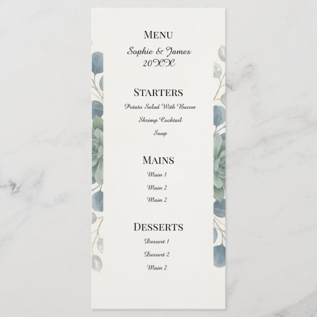 Menu Cardápio de Casamento Eucalipto Azul Empoeirado (Frente)