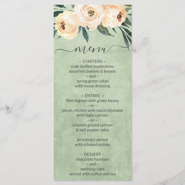 Menu Cardápio de Casamento Flor Beige Rosa Sage Verde (Frente)