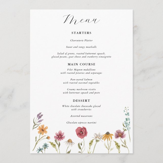Menu Cardápio de Casamento Flor Silvestre em Flor (Frente)