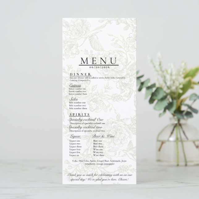 Menu Cardápio de Casamento Floral (Em pé/Frente)