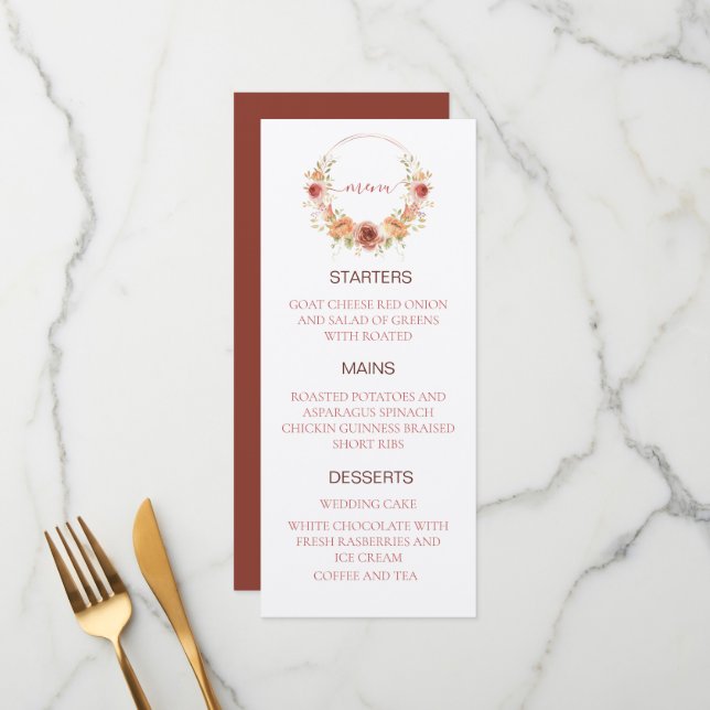 Menu cardápio de casamento floral abóbora outono kraft  (Frente/Verso In Situ)