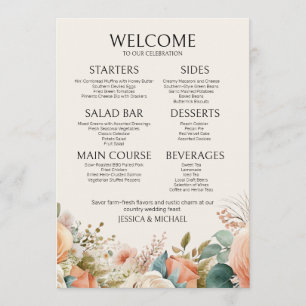 Menu Cardápio de Casamento Floral Aquarela Creme Pêsseg
