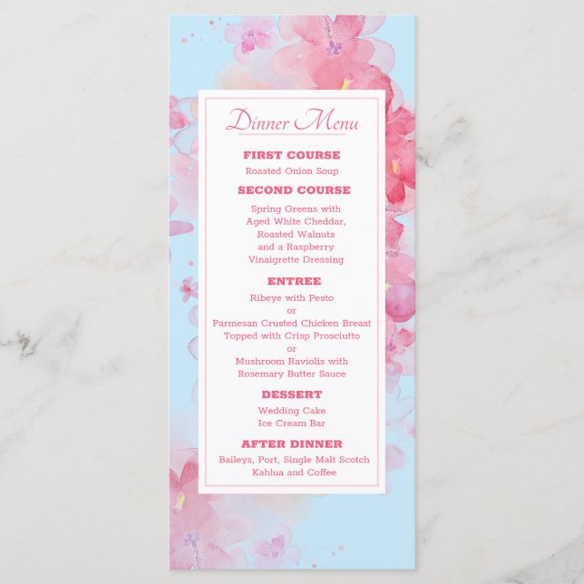 Menu Cardápio de casamento floral azul em aquarela deli (Frente)