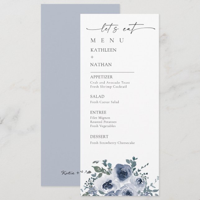 Menu Cardápio de Casamento Floral Azul Empoeirado (Frente/Verso)