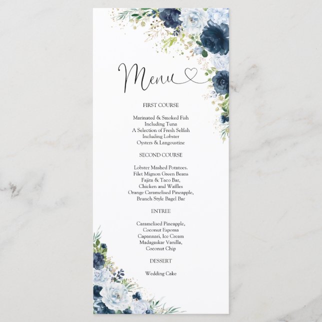 Menu Cardápio de Casamento Floral Azul Marinho (Frente)