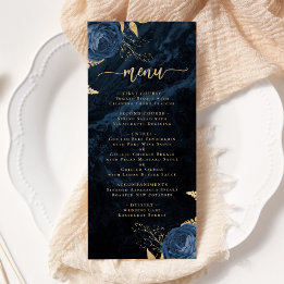 Menu Cardápio de Casamento Floral Azul Marinho Elegante
