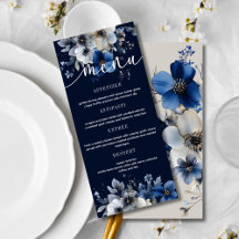 Cardápio de Casamento Floral Azul Naval e Prata El
