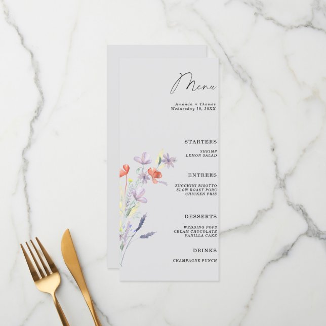 Menu Cardápio de casamento floral Boho (Frente/Verso In Situ)