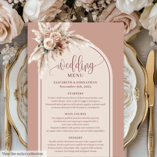 Menu Cardápio de Casamento Floral Boho Simples Rosa Emp (Simple Boho Dusty Rose Pampas Floral Wedding Menu)