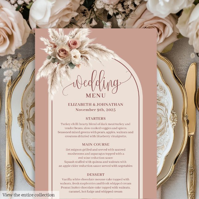 Menu Cardápio de Casamento Floral Boho Sonhador Rosa Em (Dreamy Boho Dusty Rose Pampas Floral Wedding Menu)