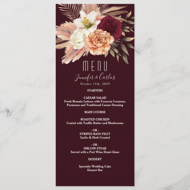 Menu Cardápio de Casamento Floral Borgonha (Frente)