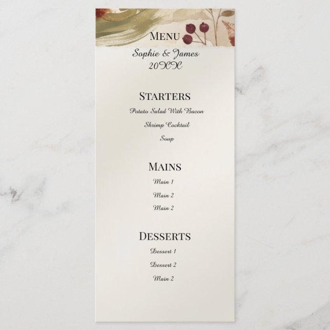 Menu Cardápio de Casamento Floral Botânico de Outono (Frente)