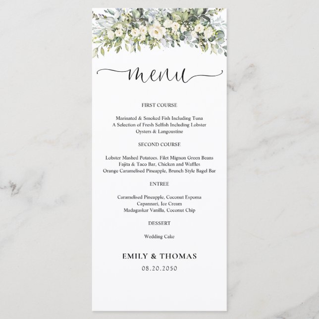 Menu Cardápio de Casamento Floral Branco (Frente)